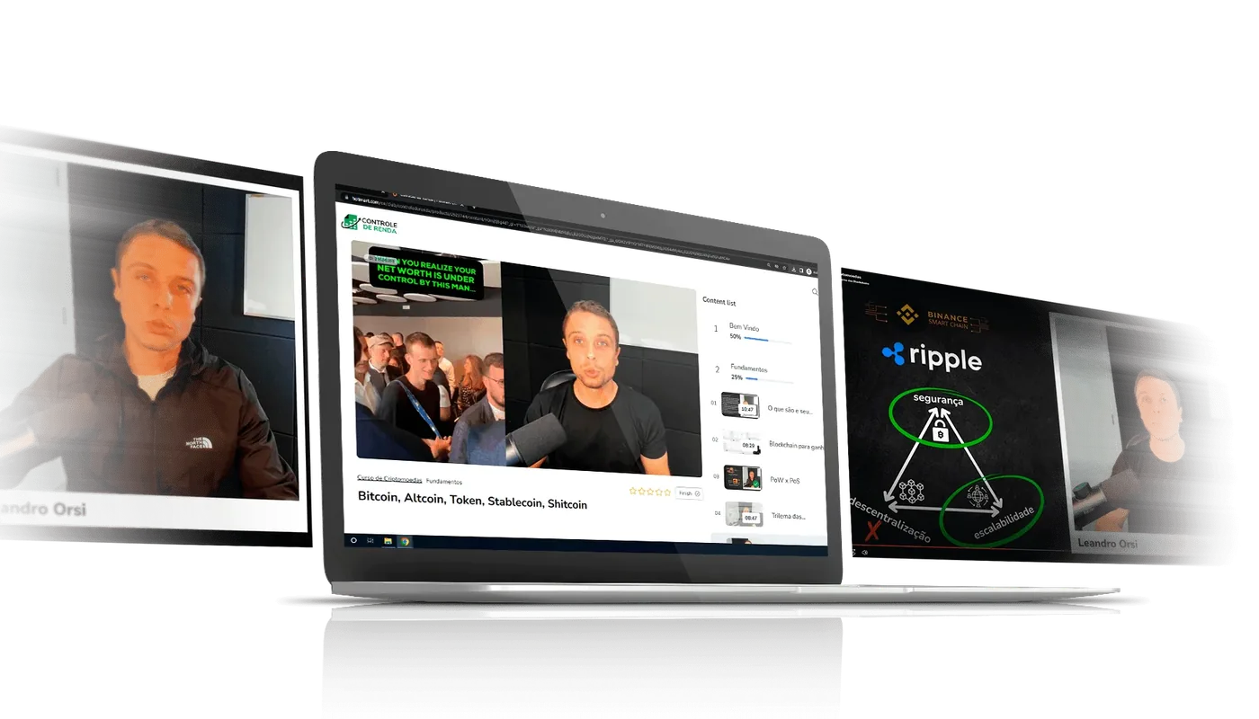 Telas do Curso de Criptomoedas na área de membros