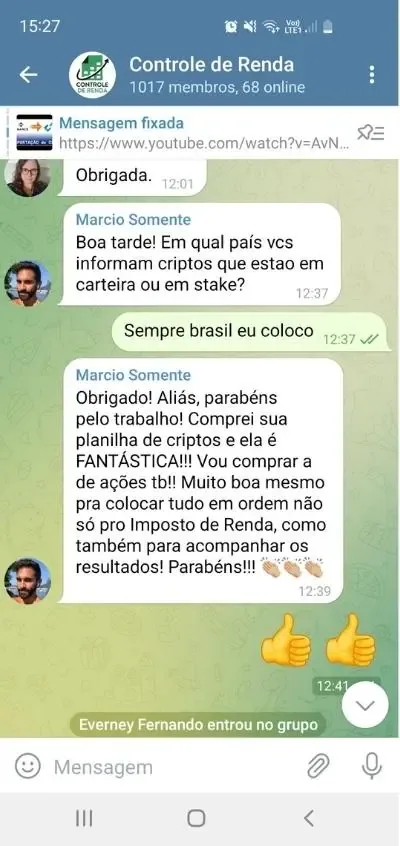 Mensagem de usuário elogiando as planilhas