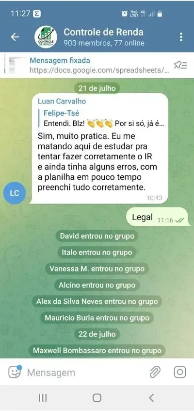 Mensagem de usuário no grupo de suporte