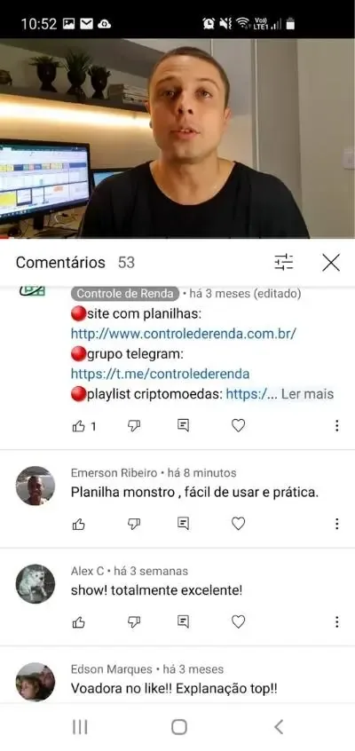 Comentários no canal do YouTube