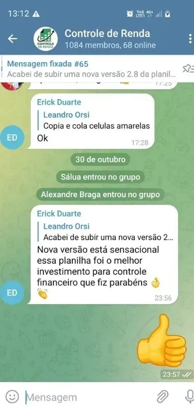 Mensagem de usuário agradecendo o suporte